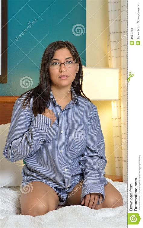 Latina Wearing Only Men's Shirt In Bed Stock Image - Image ...